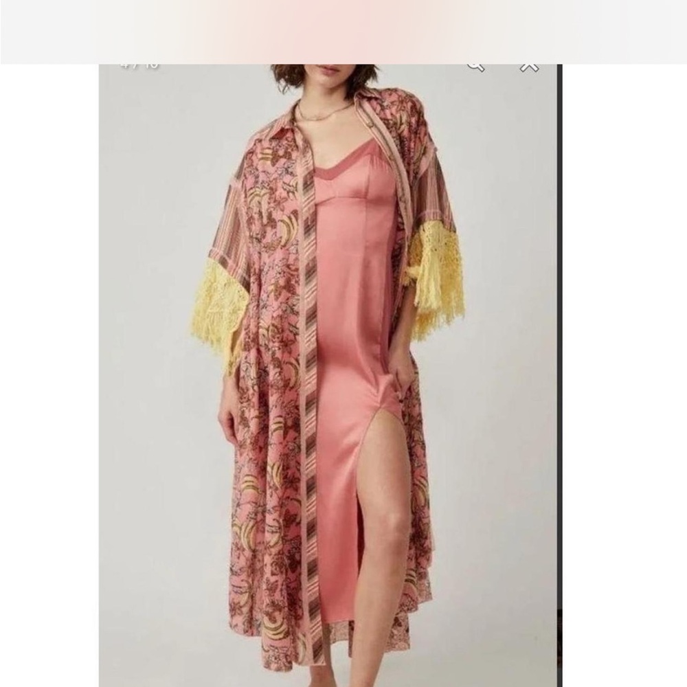 Free People Pink and Yellow Floral Kimono Robe